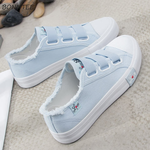 Vulcanize Shoes Women Casual Flat Hook&amp;Loop Footwear Womens Korean Style Students Canvas Sneakers Cute Trendy Ladies Shoe Simple