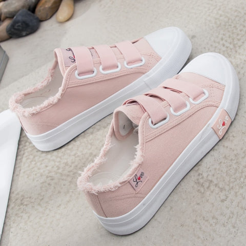 Vulcanize Shoes Women Casual Flat Hook&amp;Loop Footwear Womens Korean Style Students Canvas Sneakers Cute Trendy Ladies Shoe Simple