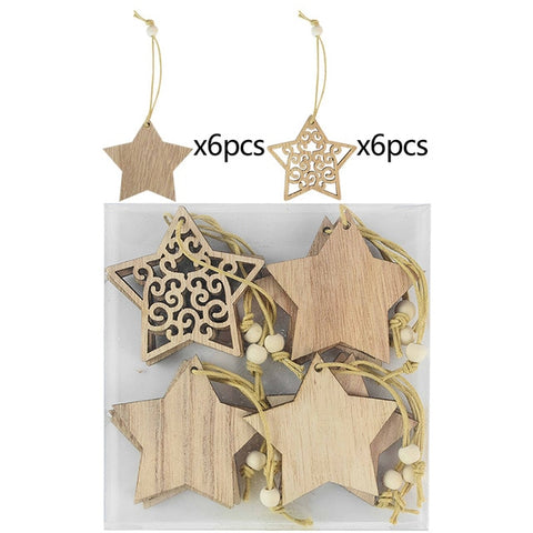 12pcs/box Christmas Wooden Pendants Xmas Tree Hanging Ornaments DIY Wood Crafts For Home Christmas Party New Year Decorations