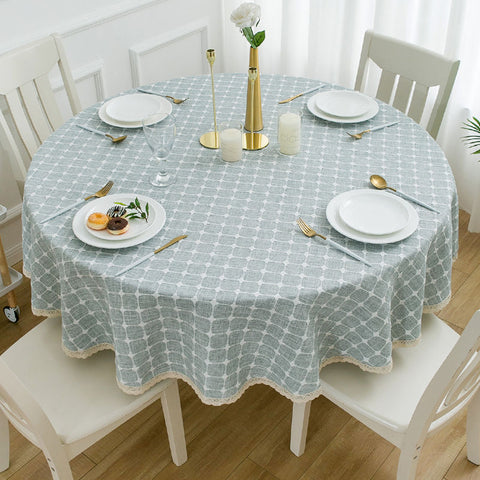 Table Cloth Round Diameter 140cm Plaid Linen with Lace Elegant Table Cover for Dining Coffee Tablecloth 55 Inch Home Decorative