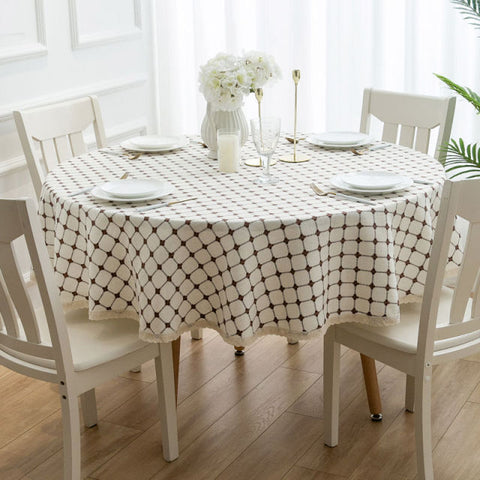 Table Cloth Round Diameter 140cm Plaid Linen with Lace Elegant Table Cover for Dining Coffee Tablecloth 55 Inch Home Decorative